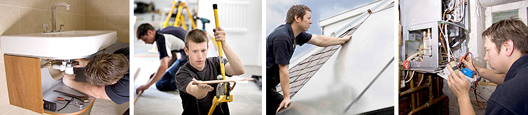 four images showing a plumber and apprentice working on various tasks
