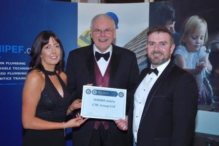 Brenda Regan, Operations Director, CHC Group Ltd is presented with the SNIPEF Business of the Year Award 2016 by Professor Rudi Klein (centre), awards judge and winner of the SNIPEF Merit Award 2016, John Williamson (right)